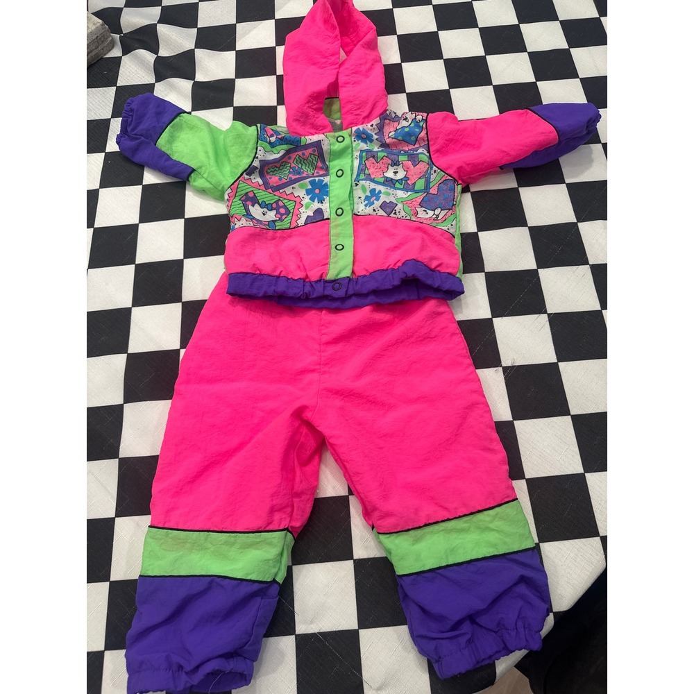 Vintage Cotton Candy Neon Pink Green 90s Snowsuit Cat Graphic 2pc Set 12 Months